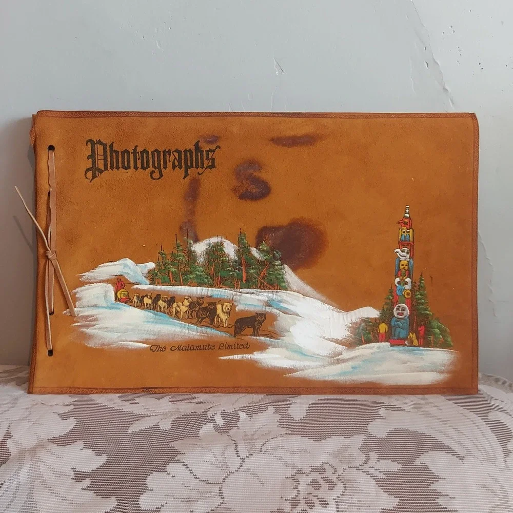 Vintage The Malamute Limited Leather Photo Album Hand Painted Dog Sled Totem Tan